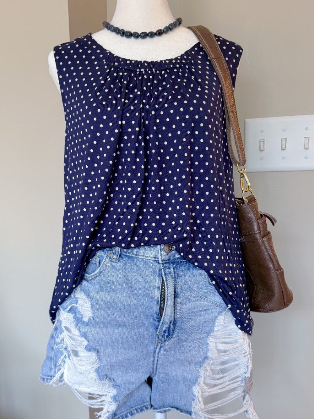 Croft & Barrow Navy Blue & White Polka Dot Tank - Size Medium